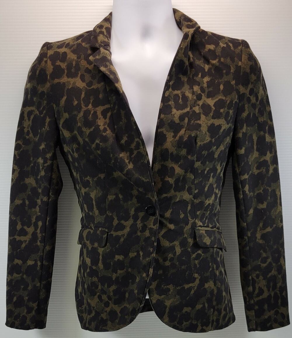 I3) Women's H&M Cheetah Leopard Print Sports Coat Size 4 Green Tint